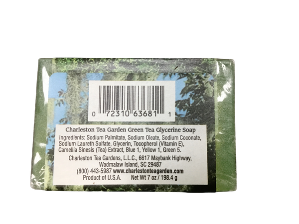Barcoded packaging of green tea glycerine soap with ingredient details and Charleston Tea Garden contact information visible on the label.