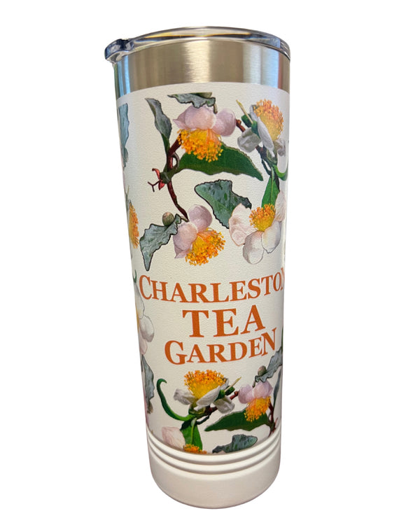 Tall insulated skinny cup with floral tea flower design and Charleston Tea Garden text, perfect for enjoying tea on the go while recalling a visit to the historic American tea garden.