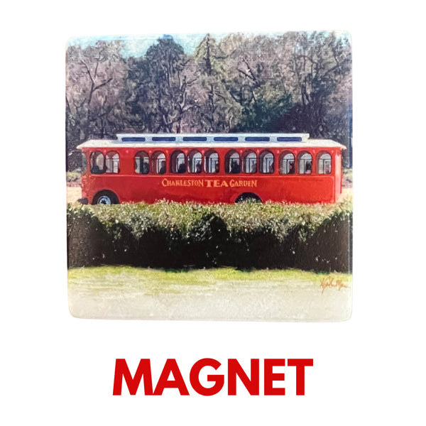 Red trolley with "Charleston Tea Garden" text on the side, surrounded by green tea fields and tall trees in the background, in a detailed painted style.