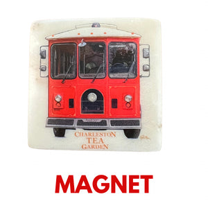 Square magnet featuring a detailed front view illustration of a red trolley with Charleston Tea Garden lettering beneath, perfect for tea lovers and souvenirs.
