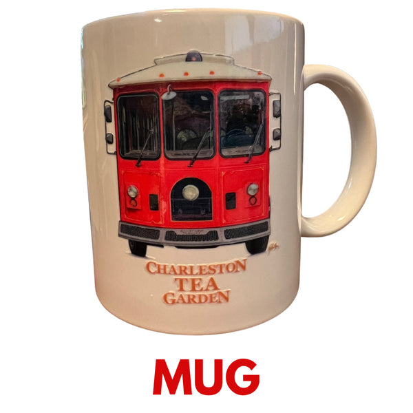 White ceramic mug featuring a detailed red vintage trolley design and Charleston Tea Garden logo, perfect for enjoying your favorite tea in style.