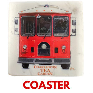 Square marble coaster featuring a detailed illustration of a red trolley with "Charleston Tea Garden" text beneath, perfect for tea lovers and souvenir collectors.