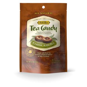 Package of all-natural classic iced tea flavored candy with real tea extract, highlighting a refreshing and antioxidant-rich treat.