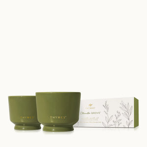 Two olive green ceramic candles labeled Thymes next to a white box with botanical illustrations and citronella grove text.