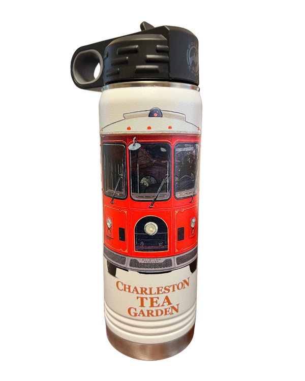 Stainless steel water bottle with black lid featuring a red trolley design and Charleston Tea Garden logo, ideal for staying hydrated during tea garden visits.