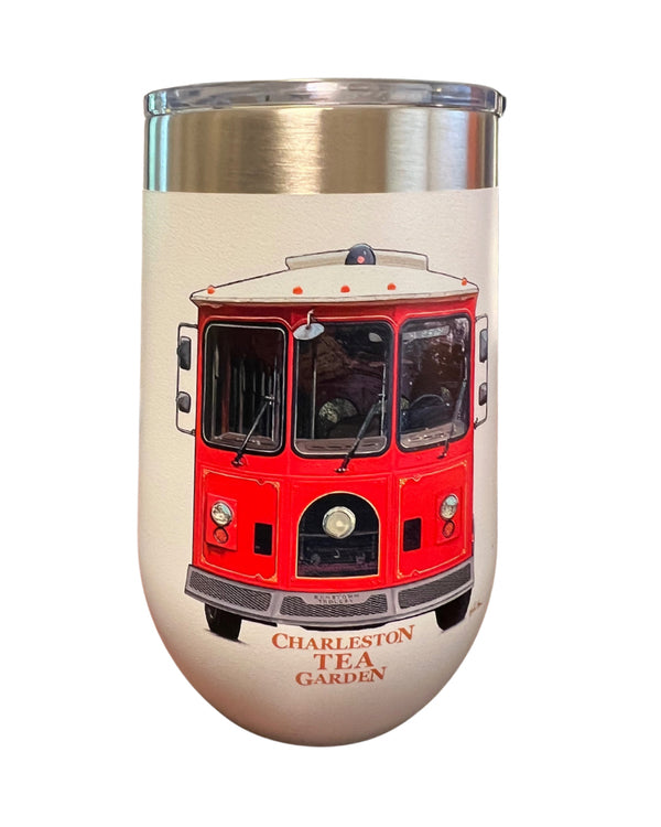 Insulated tumbler featuring a detailed illustration of a classic red trolley with Charleston Tea Garden branding on a white background.