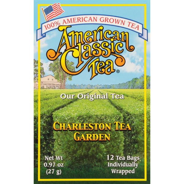 Box of American Classic Tea featuring vibrant image of lush green tea fields at Charleston Tea Garden under a bright blue sky, highlighting 12 individually wrapped tea bags.