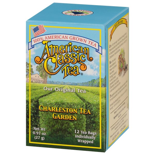 Box of American Classic Tea from Charleston Tea Garden featuring 12 individually wrapped tea bags made from 100% American grown tea leaves.