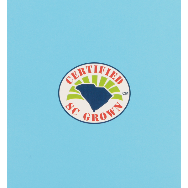 Blue background with a circular emblem featuring a dark blue state shape, green rays, and the text "Certified SC Grown" in red letters.