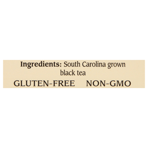 Close-up of a label showing ingredients of American Classic Pyramid tea, highlighting South Carolina grown black tea that is gluten-free and non-GMO.