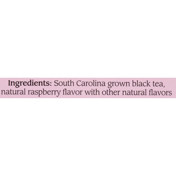 Close-up of an ingredients label showing South Carolina grown black tea with natural raspberry and other natural flavors.