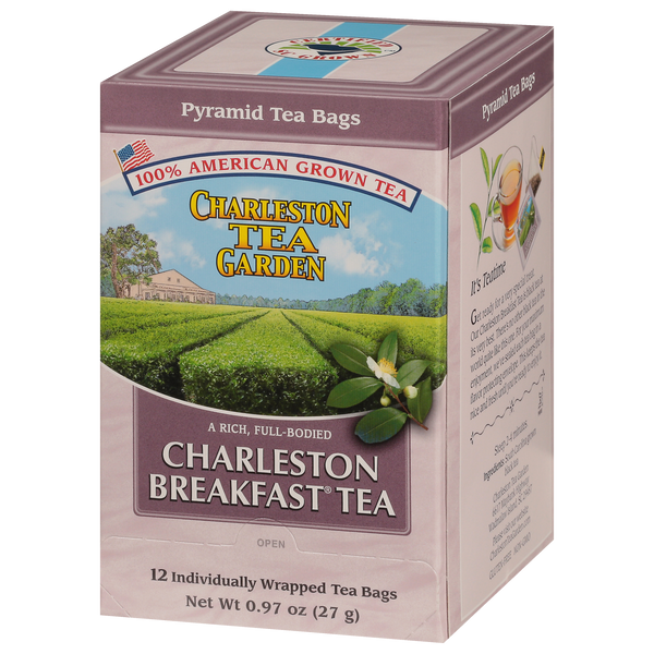 Box of Charleston Breakfast Pyramid tea featuring 12 individually wrapped American-grown tea bags with a scenic tea garden illustration on the packaging.