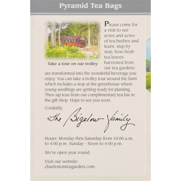 Informational card inviting visitors to tour tea gardens by trolley, learn about tea harvesting, and enjoy complimentary tea at the Charleston Tea Garden gift shop.