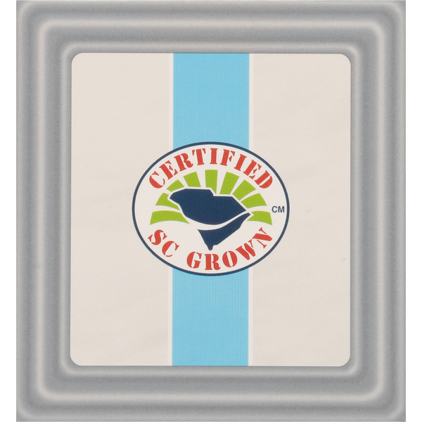 Square label with a blue vertical stripe and a circular emblem featuring a stylized leaf design and the text "Certified SC Grown" in red and green colors.