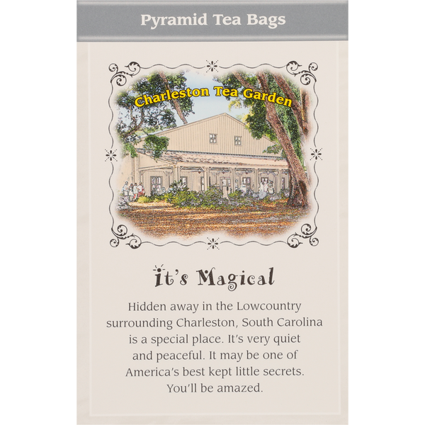 Packaging of pyramid tea bags featuring a charming illustration of Charleston Tea Garden with an inviting description highlighting the peaceful Lowcountry surrounding Charleston, South Carolina.