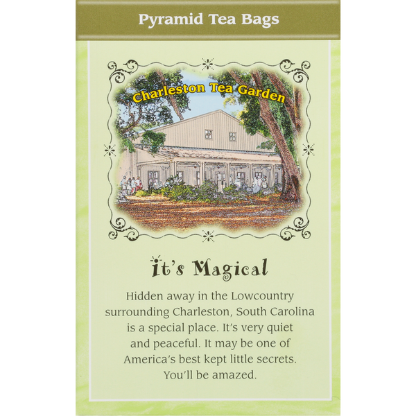 Illustration of Charleston Tea Garden's peaceful building surrounded by trees, accompanied by text describing the magical and quiet atmosphere of the Lowcountry near Charleston, South Carolina.
