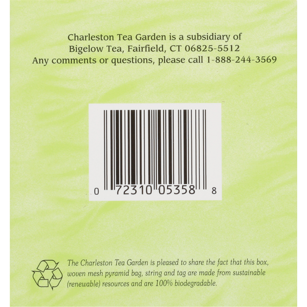 Back of a green tea box with barcode, contact information for Charleston Tea Garden, and a note about recyclable and biodegradable packaging.