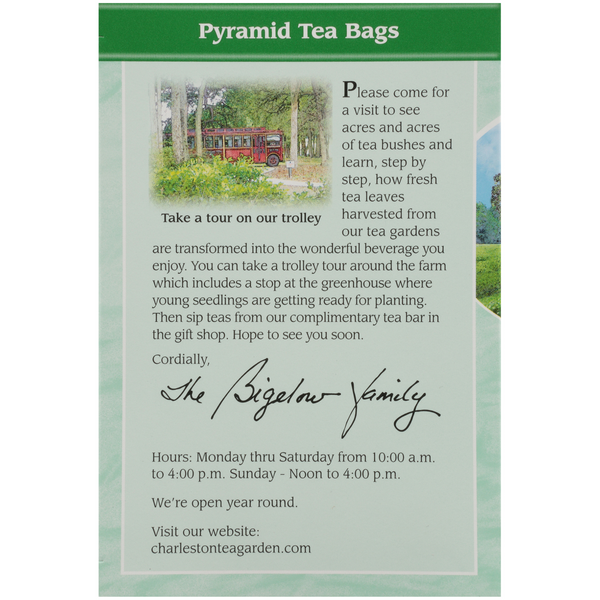 Informational card inviting visitors to take a trolley tour of tea gardens, learn about fresh tea leaf harvesting, enjoy complimentary tea, and visit the gift shop at Charleston Tea Garden.