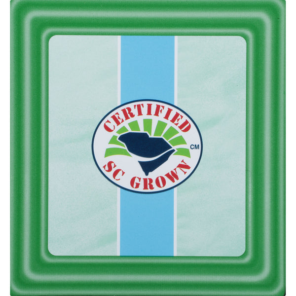 Close-up of a green and blue label featuring a “Certified SC Grown” logo with a stylized leaf design, highlighting quality and local growth standards.