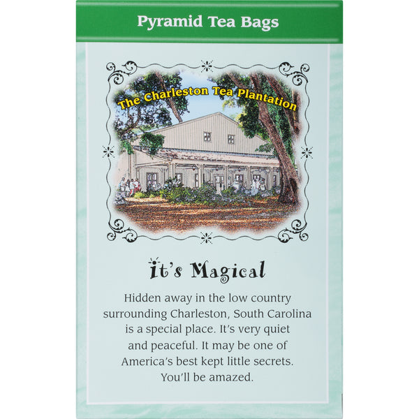 Illustration of a rustic building surrounded by trees with text describing a peaceful, hidden tea garden near Charleston, South Carolina, promoting a magical experience.