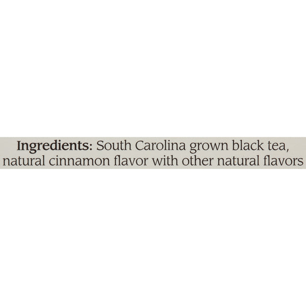 Close-up of an ingredients label listing South Carolina grown black tea and natural cinnamon flavor with other natural flavors for a cinnamon spiced tea blend.