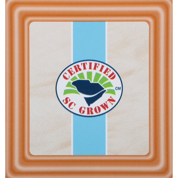 Square ceramic coaster with a blue vertical stripe and a circular "Certified SC Grown" logo featuring a leaf design, framed by a warm brown border.