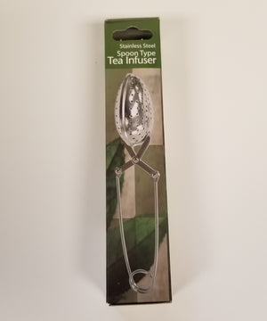 Stainless steel spoon-style tea infuser with perforated scoop and long handle, ideal for brewing loose leaf tea easily and conveniently at home.
