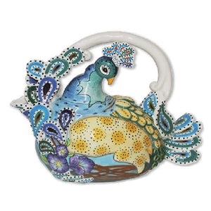 Hand-painted ceramic teapot shaped like a colorful blue peacock with intricate feather details and floral accents, perfect for tea lovers and collectors.