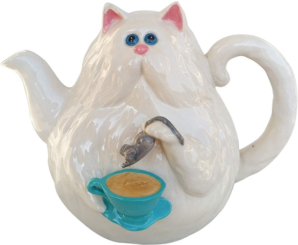 Whimsical white cat-shaped ceramic teapot holding a small gray mouse and blue teacup, perfect as a charming souvenir or tea accessory.