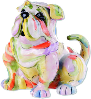 A colorful ceramic teapot shaped like a playful bulldog, featuring a bright and cheerful hand-painted design with various pastel shades.