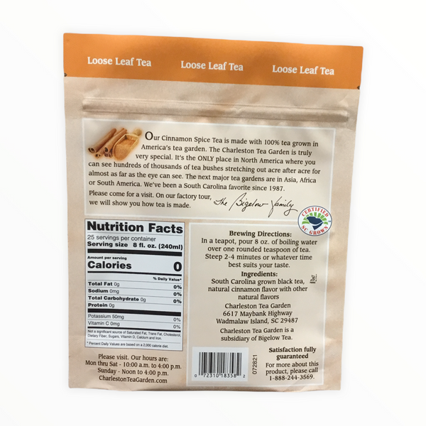 Back side of a cinnamon spice tea pouch featuring brewing instructions, nutrition facts, a description of the tea’s origin from Charleston Tea Garden, and customer service contact details.