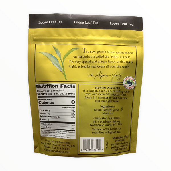 Back of a green and brown pouch featuring nutrition facts, brewing directions, and product information about a special tea with South Carolina grown black tea from Charleston Tea Garden.