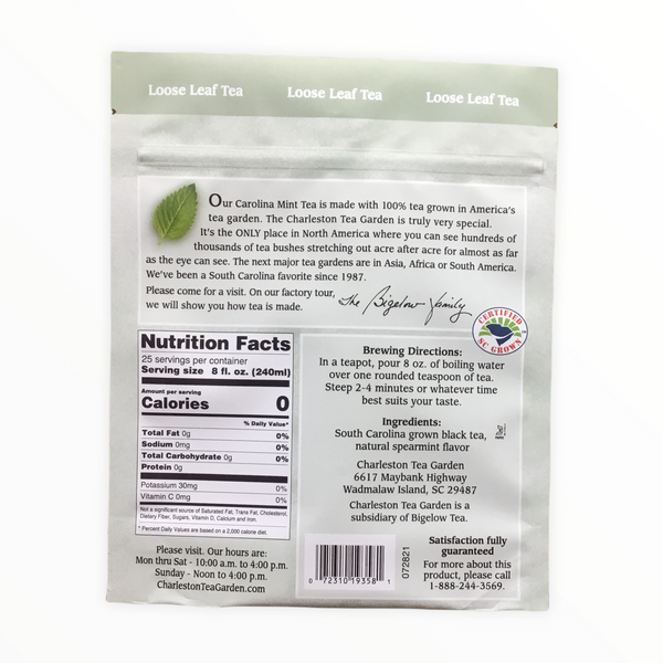 White resealable pouch displaying detailed product information, nutrition facts, brewing directions, and origin story of mint tea grown at Charleston Tea Garden.