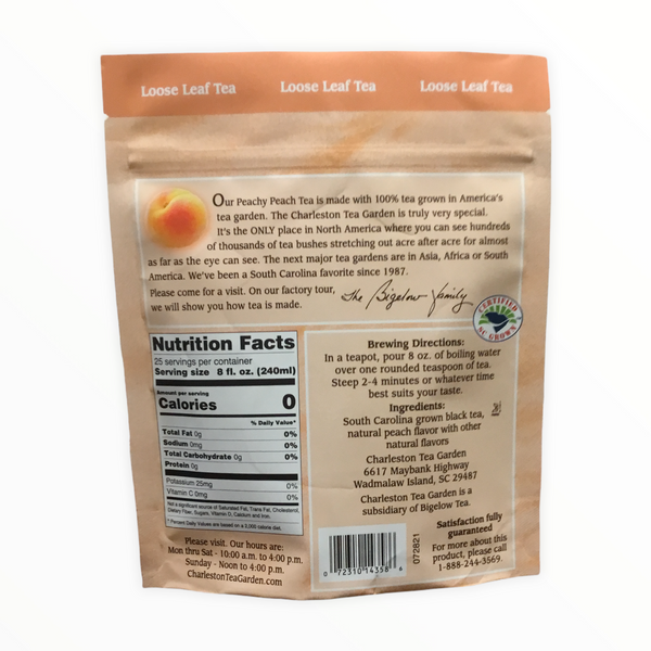 Back of a peach-colored pouch of loose leaf tea featuring nutrition facts, brewing directions, and a description of the tea made from 100% South Carolina grown tea at Charleston Tea Garden.