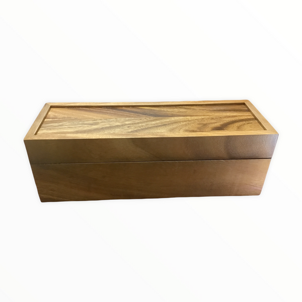 Smooth-finished Acacia wood tea chest with natural grain patterns, perfect for storing tea assortments and a charming addition to any kitchen or tea lover's collection.