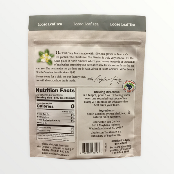 Back of a tea pouch describing Earl Grey tea made from 100% American-grown leaves, with nutrition facts, brewing directions, and Charleston Tea Garden contact details.