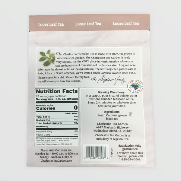 Back of a Charleston Breakfast Pouch showing nutrition facts, brewing directions, and a message about the tea’s origin from South Carolina’s oldest tea garden.