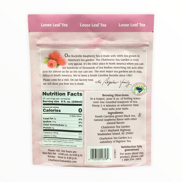 Back of a Rockville Raspberry Pouch showing nutritional facts, ingredients including South Carolina black tea and natural raspberry flavors, brewing directions, and contact information.
