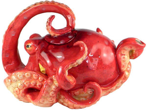 Bright red ceramic teapot shaped like an octopus with detailed tentacles curled around the body, perfect for tea lovers who enjoy unique and artistic designs.